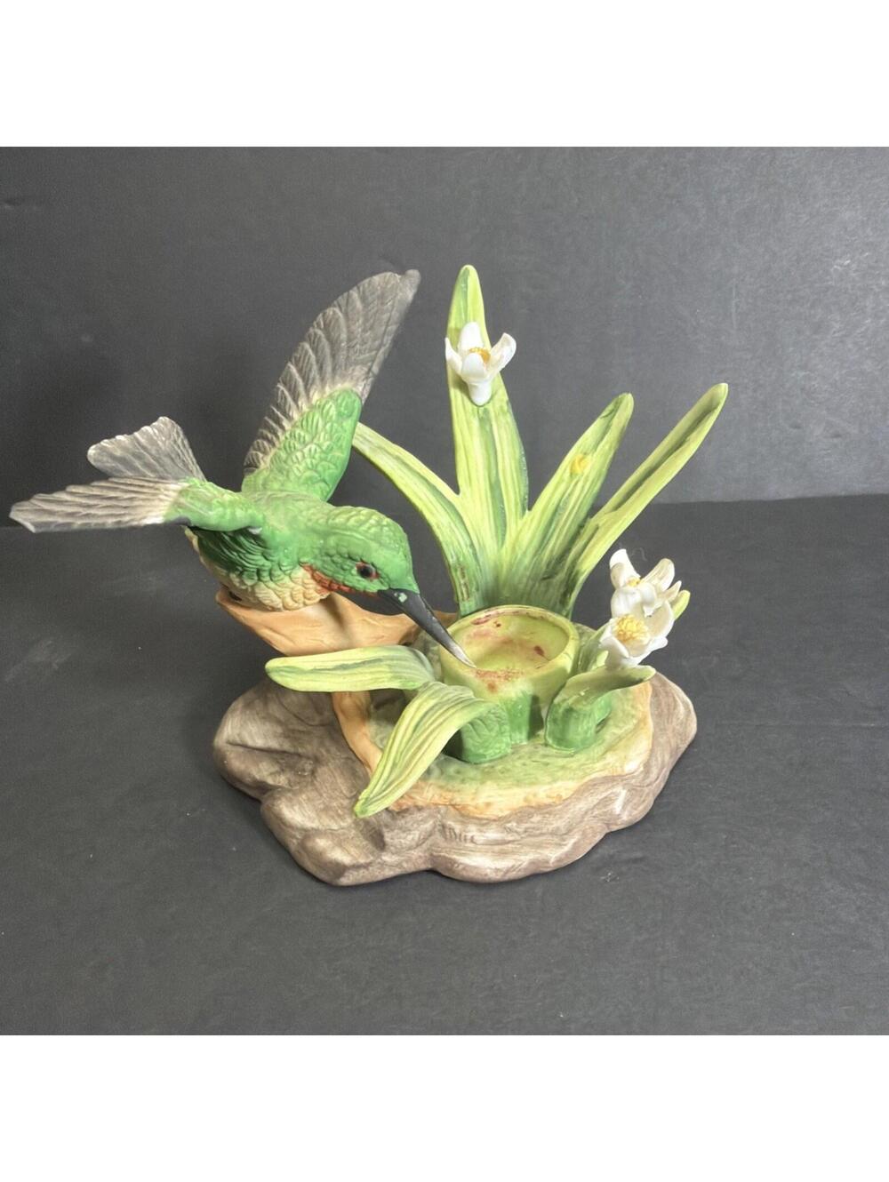 Vintage Porcelain Green Hummingbird figurine With Candle Holder READ